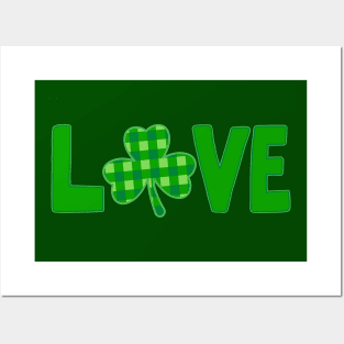 Love, Green typography with a green plaid shamrock Posters and Art